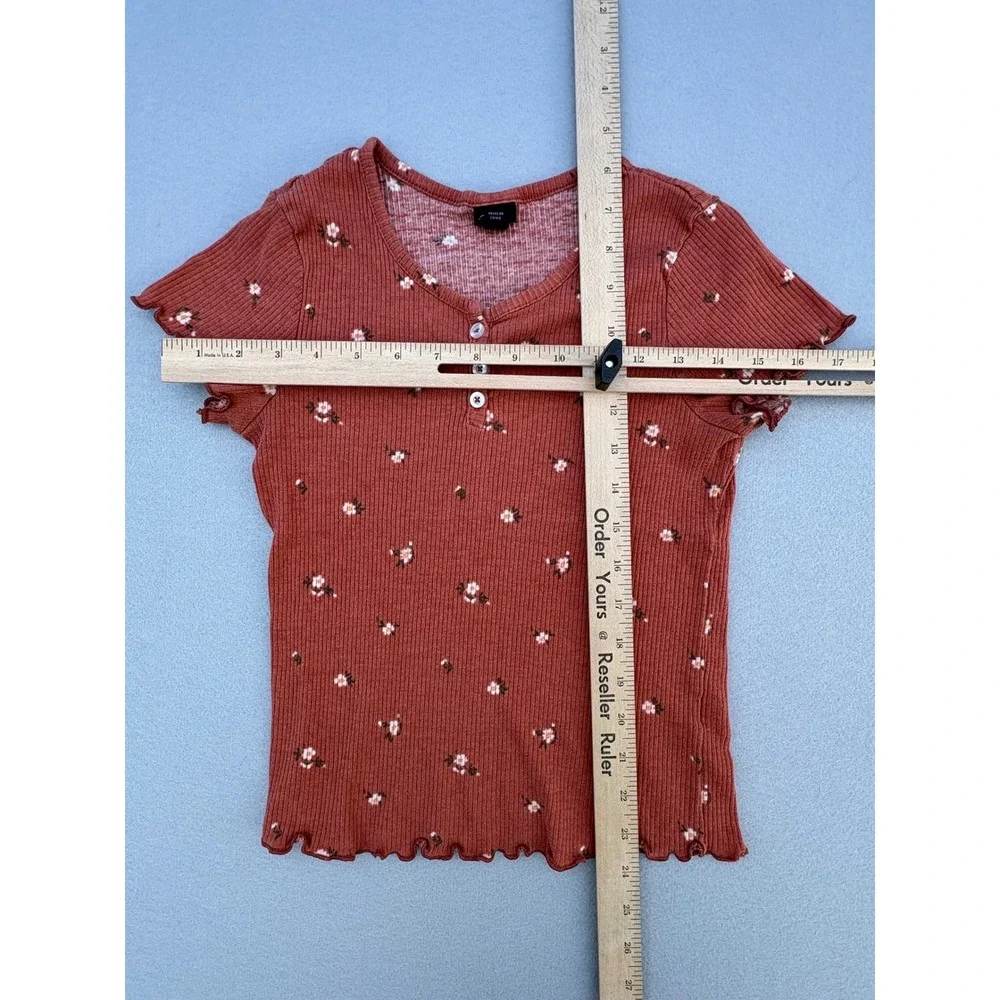 Art Class Girls Rust Orange Floral Ribbed Henley Top Lettuce‎ Trim L 10/12